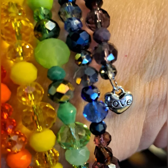 Rainbow Faceted Glass & Crystal Beaded Memory Wire Bracelet - Picture 2 of 4